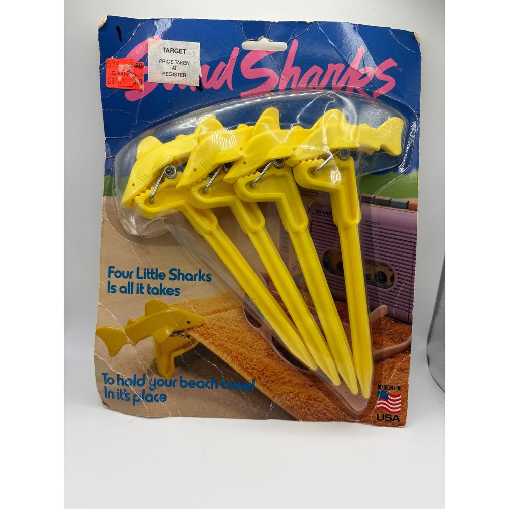 Vintage 1987 Sand Sharks Yellow Beach Towel Clips Stakes Set of 4 Made in USA